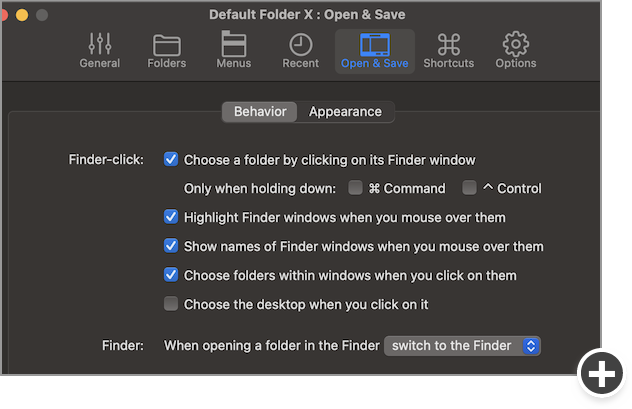 Customize Finder-click, automatic re-selection of the last file you used and more.